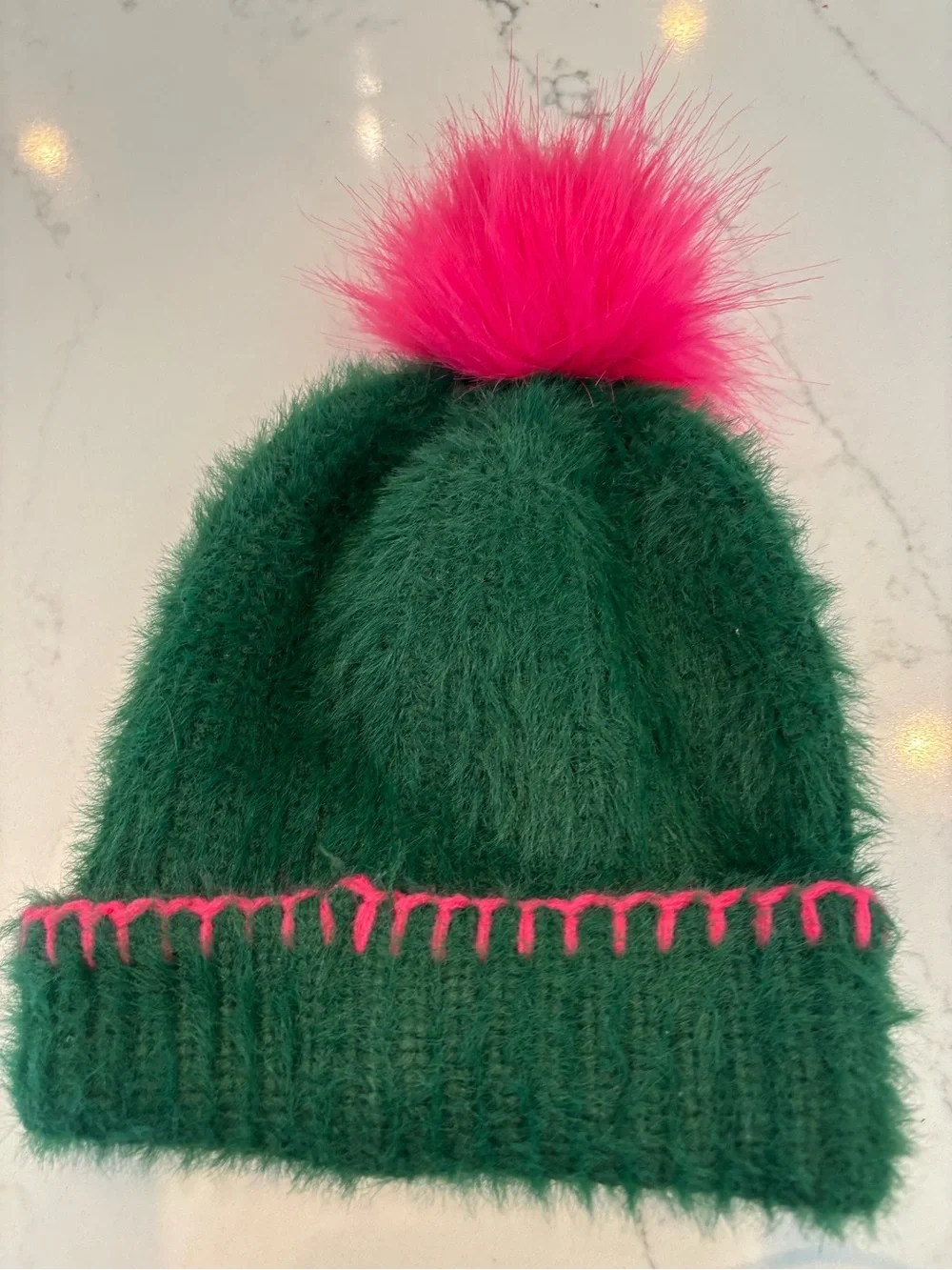 Dark Green Faux Fur Beanie with Hot Pink Pom Pom